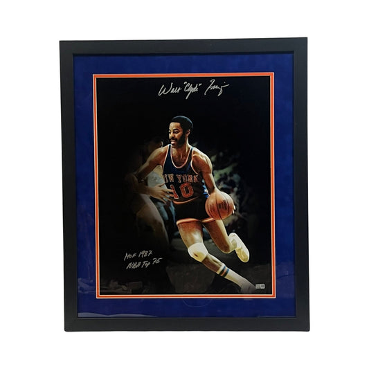 Walt Clyde Frazier Autographed New York Knicks Framed 16x20 HOF 1987, NBA Top 75 Inscriptions Steiner CX