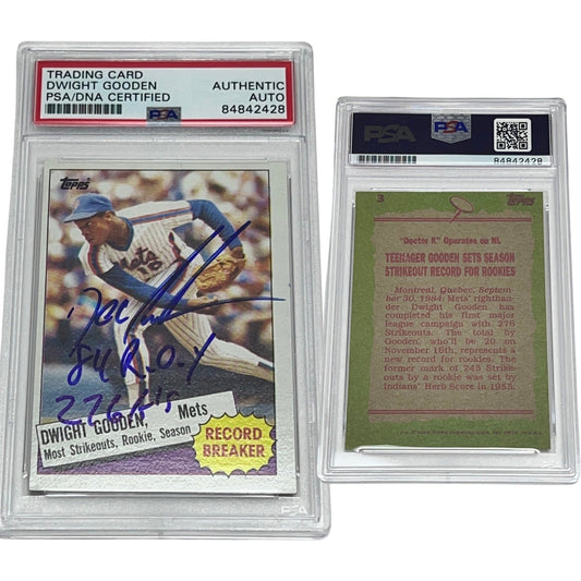 1985 Doc Gooden Topps Record Breaker #3 Autographed 84 ROY, 276 K’s Inscriptions PSA Auto Authentic