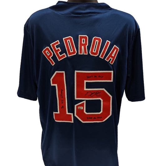 Dustin Pedroia Autographed Boston Red Sox Blue Jersey 3x WS Champ, 07 AL ROY, 08 AL MVP Inscriptions Steiner CX