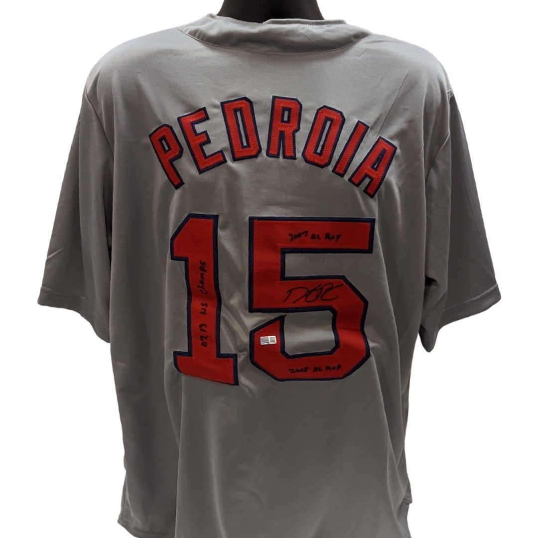 Dustin Pedroia Autographed Boston Red Sox Grey Jersey 3x WS Champ, 07 AL ROY, 08 AL MVP Inscriptions Steiner CX