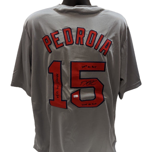 Dustin Pedroia Autographed Boston Red Sox Grey Jersey 3x WS Champ, 07 AL ROY, 08 AL MVP Inscriptions Steiner CX