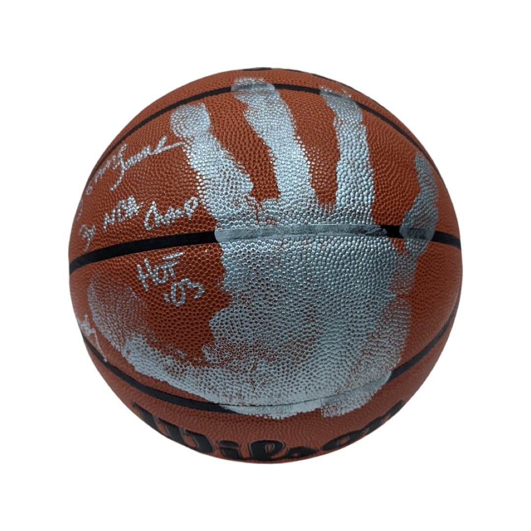 James Worthy Autographed Los Angeles Lakers Wilson Basketball with Handprint Big Game James, 3x NBA Champ, HOF 03 Inscriptions PSA