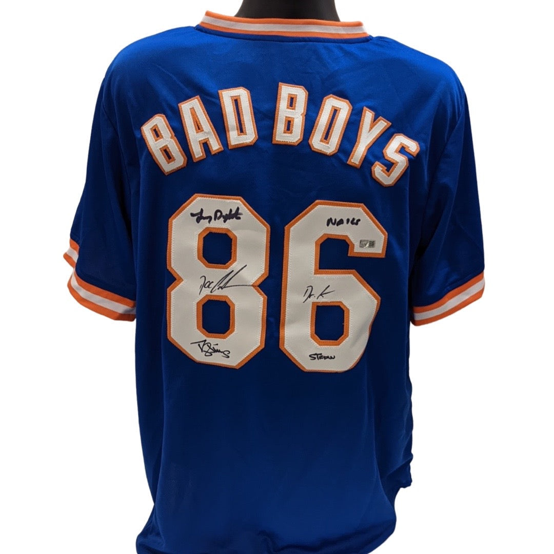 Darryl Strawberry, Doc Gooden & Lenny Dykstra Autographed New York Mets Bad Boys Blue Jersey Nails, Dr K, Straw Inscriptions Steiner CX