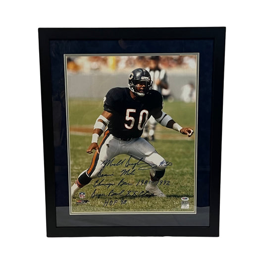 Mike Singletary Autographed Chicago Bears Framed 16x20 “Samurai Mike, Chicago Bears 1981-1992, Super Bowl XX Champs, HOF 98” Inscriptions PSA