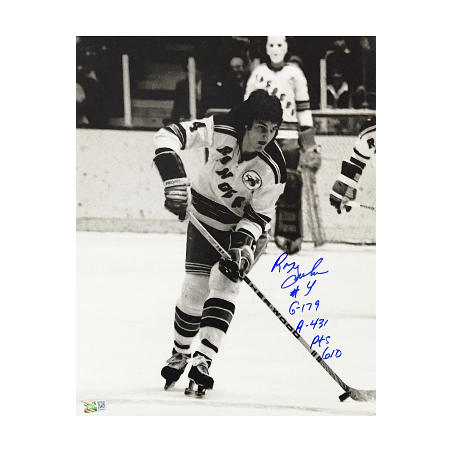 Ron Greschner Autographed New York Rangers B&W Skating 11x14 G-179, A-431, Pts-610 Inscriptions Steiner CX