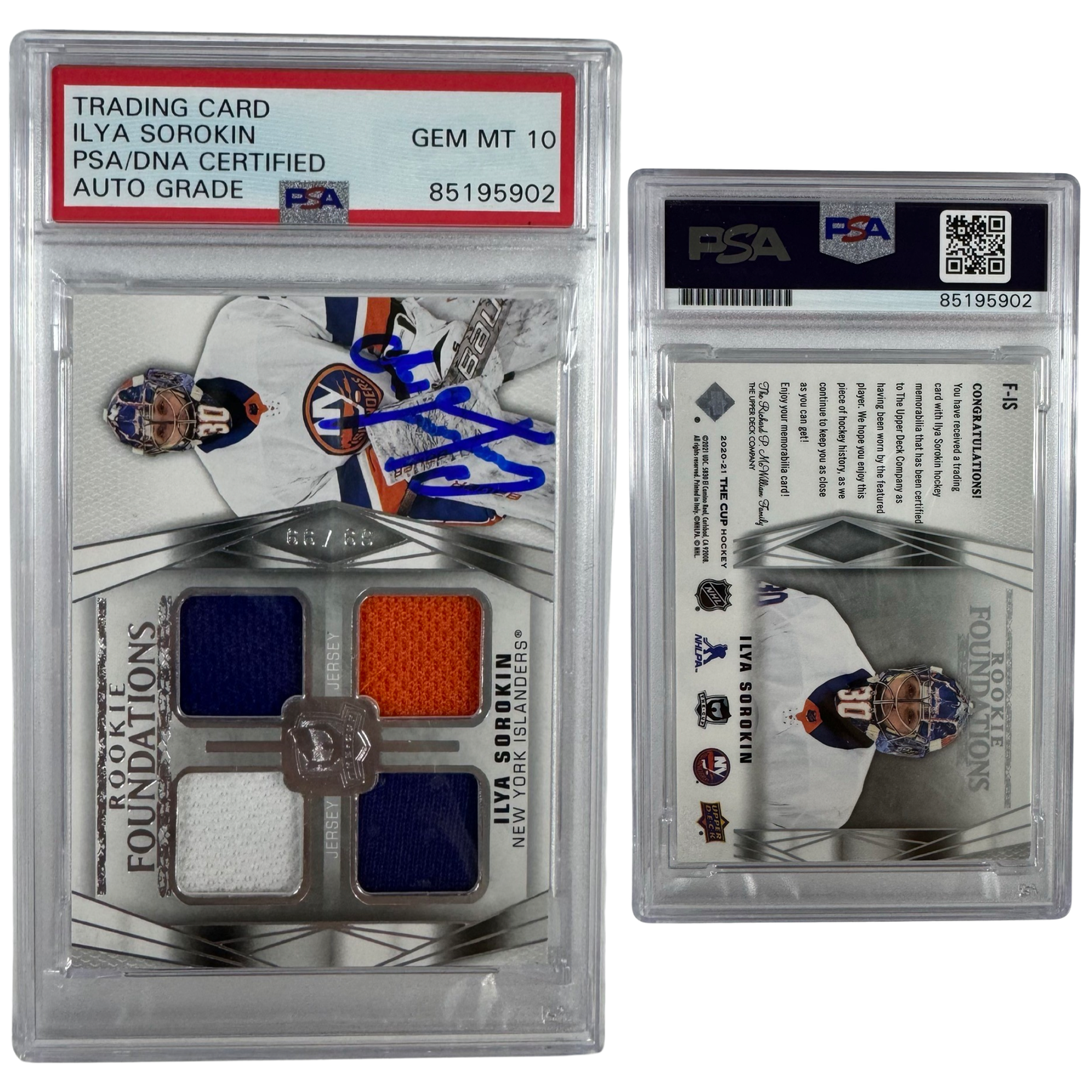 2020-21 Ilya Sorokin Autographed Upper Deck Rookie Foundations Jersey Patch Relic /69 #F-IS PSA Auto GEM MT 10