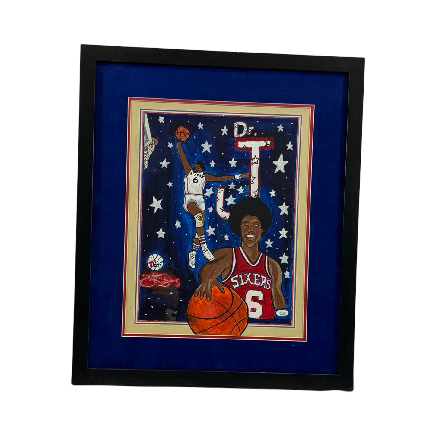 Julius Erving Autographed Custom Painted Art 1/1 Framed JSA