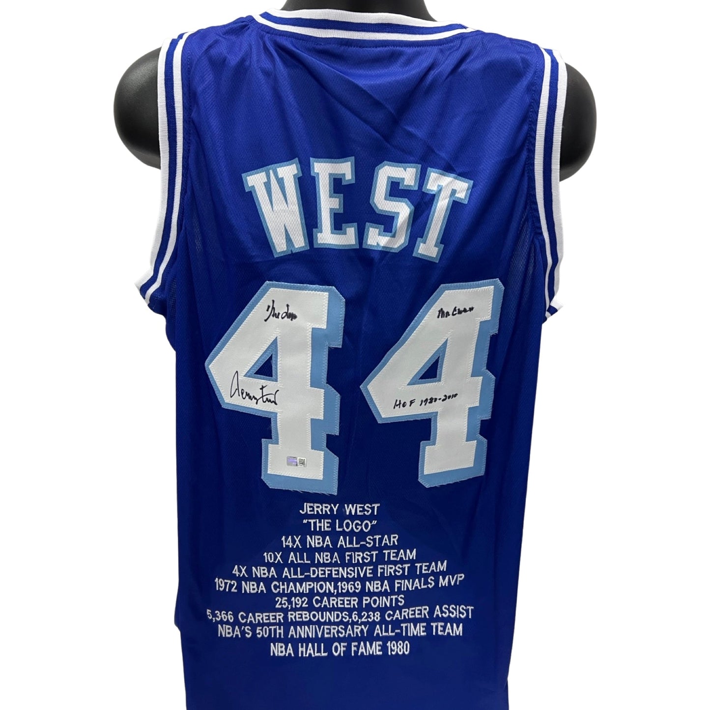 Jerry West Autographed Los Angeles Lakers Blue Stat Jersey The Logo, Mr Clutch, HOF 1980-2010 Inscriptions Steiner CX