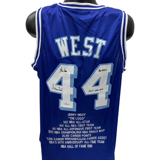 Jerry West Autographed Los Angeles Lakers Blue Stat Jersey The Logo, Mr Clutch, HOF 1980-2010 Inscriptions Steiner CX