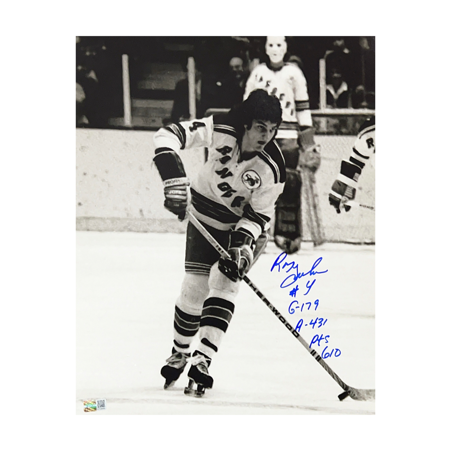 Ron Greschner Autographed New York Rangers B&W Skating 11x14 “G-179, A-431, Pts-610” Inscriptions Steiner CX