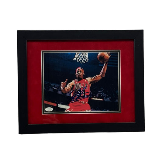 Dennis Rodman Autographed Chicago Bulls Horizontal Rebound 8x10 JSA - Framed