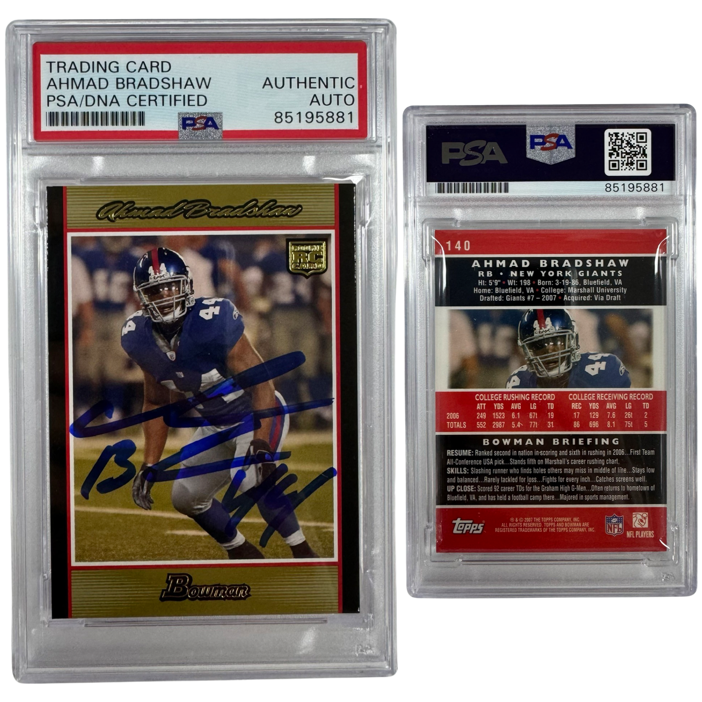 2007 Ahmad Bradshaw Autographed Topps Bowman Rookie Card #140 PSA Auto Authentic