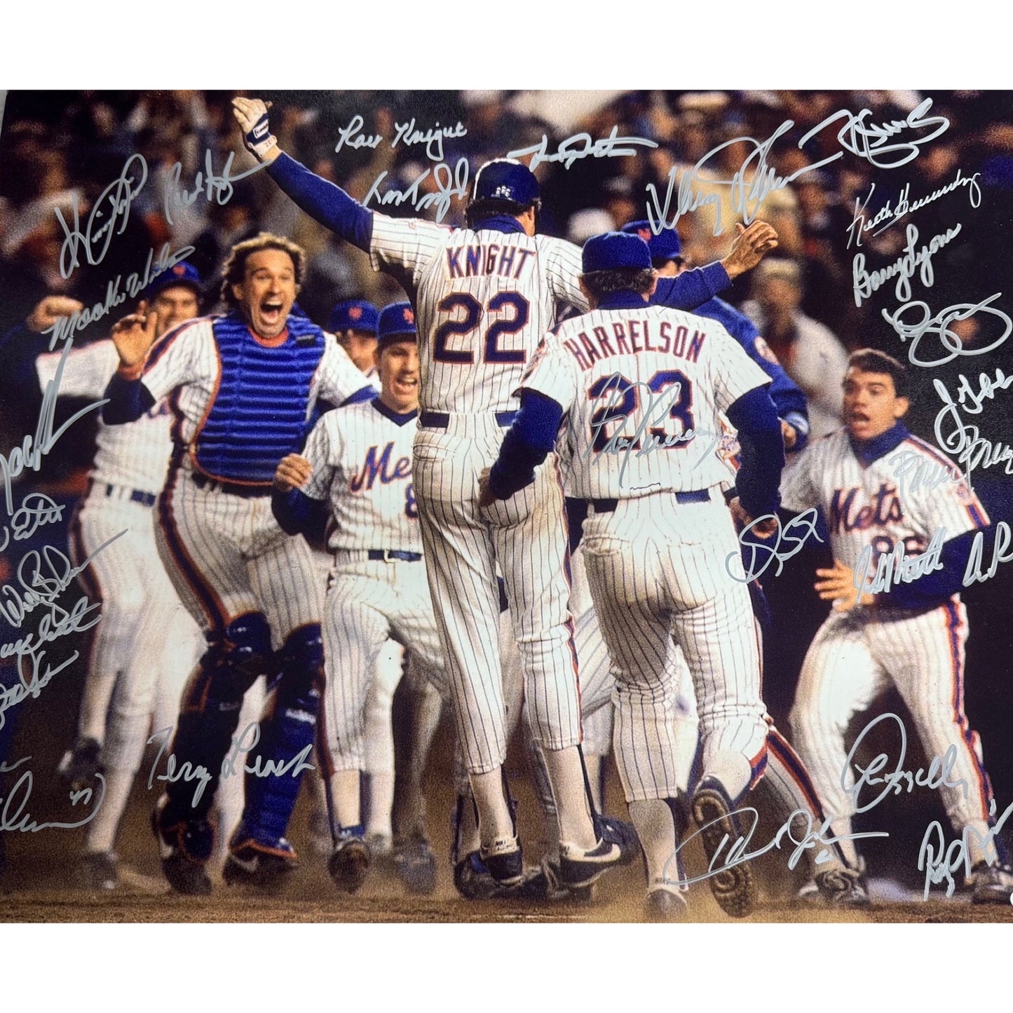 1986 New York Mets Team Autographed Ray Knight Jump Silver Ink 16x20 Horizontal JSA