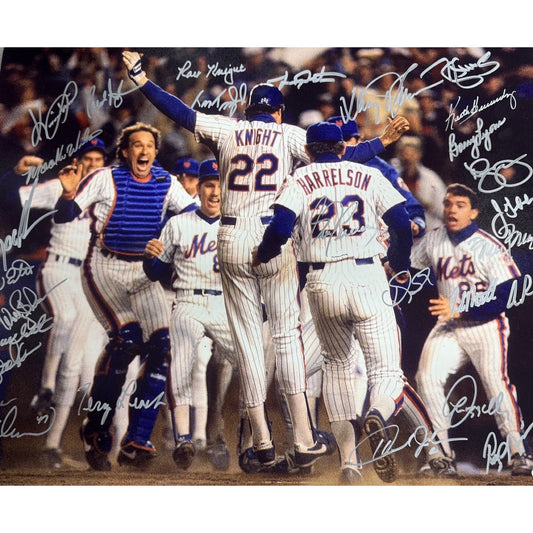 1986 New York Mets Team Autographed Ray Knight Jump Silver Ink 16x20 Horizontal JSA