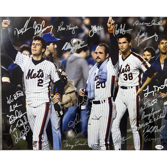 1986 New York Mets Team Autographed Walking With Champagne DSX 16x20 Horizontal JSA