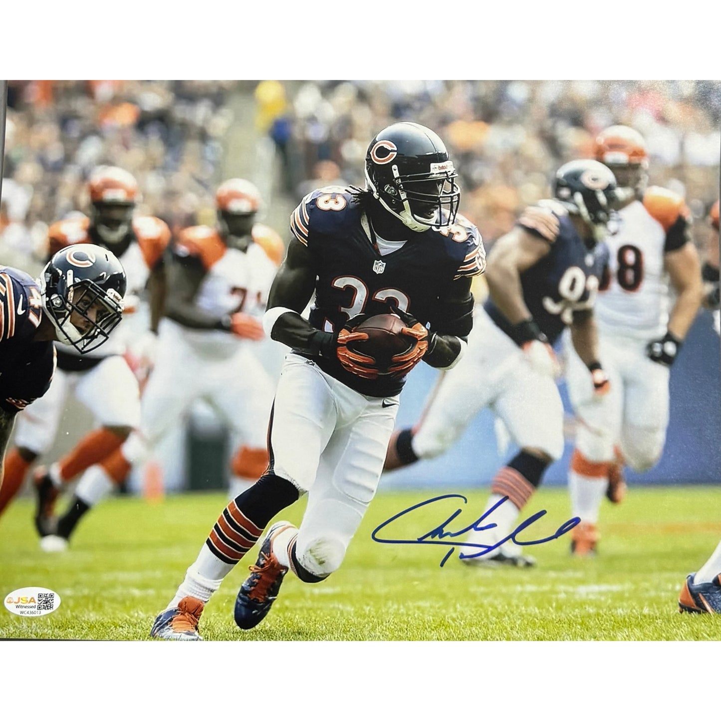 Charles Tillman Autographed Chicago Bears Navy Blue Jersey Running 11x14 JSA