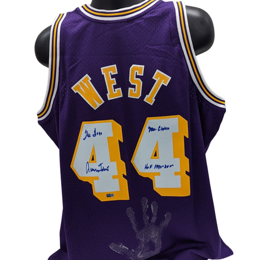 Jerry West Autographed Los Angeles Lakers Purple 1971-72 Mitchell & Ness Swingman Jersey w/ Handprint “The Logo, Mr Clutch, HOF 1980-2010” Inscriptions Steiner CX