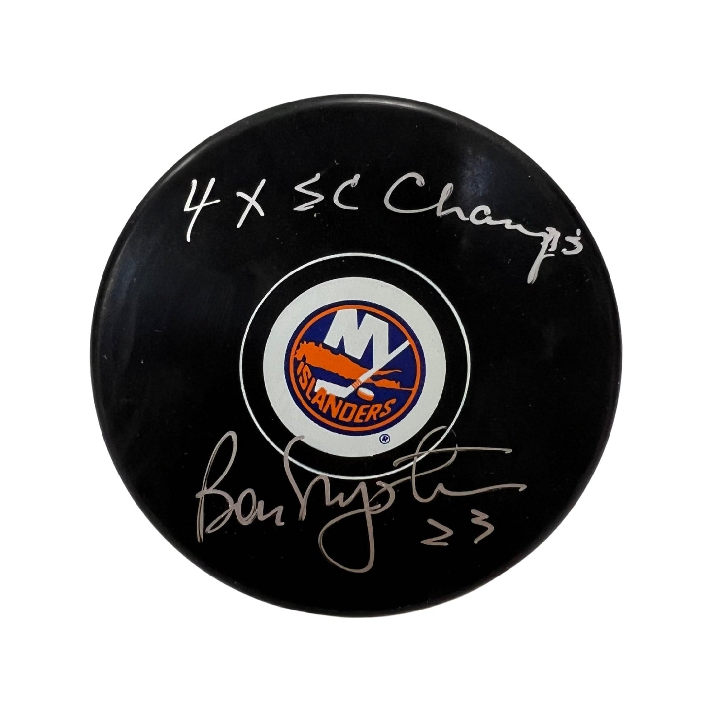 Bob Nystrom Autographed New York Islanders Replica Puck 4x SC Champs Inscription Steiner CX