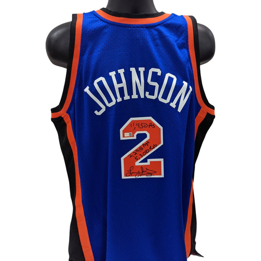 Larry Johnson Autographed New York Knicks Blue 1998-99 Mitchell & Ness Swingman Jersey 11,450 Pts, 2,298 Ast, 5,300 Ast Steiner CX