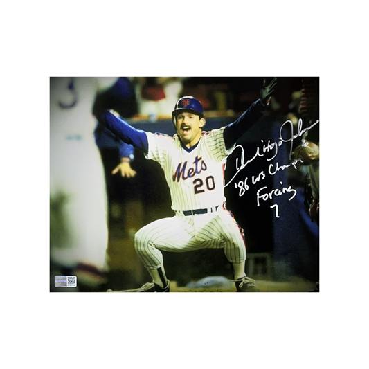 Howard Johnson Autographed New York Mets Squat 8x10 “86 WS Champs, Forcing 7” Inscriptions Steiner CX