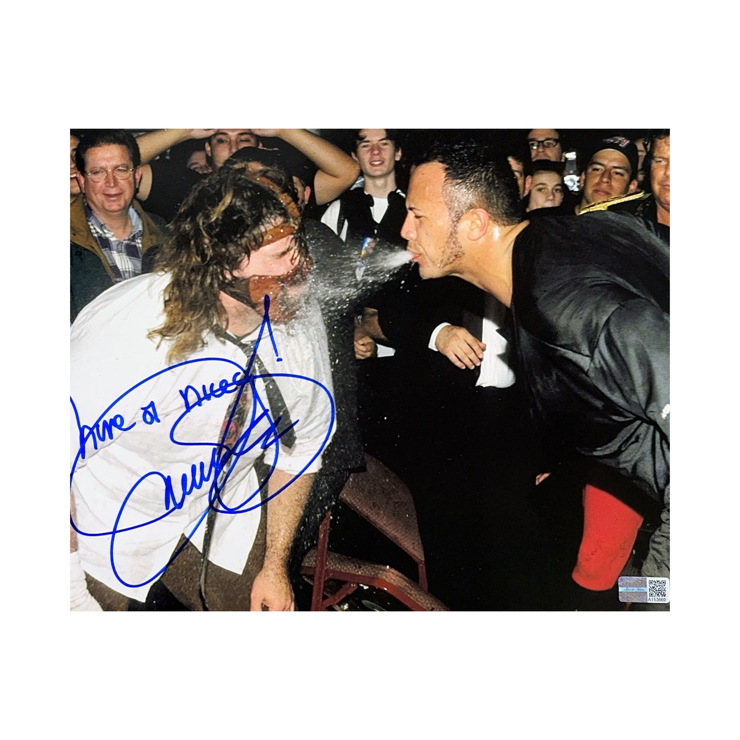 Mick Foley Autographed Mankind WWE Spit vs The Rock 8x10 “Have a Nice Day” Inscription Steiner CX