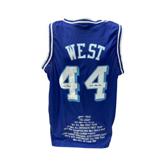 Jerry West Autographed Los Angeles Lakers Blue Stat Jersey HOF 1980-2010 Inscription JSA