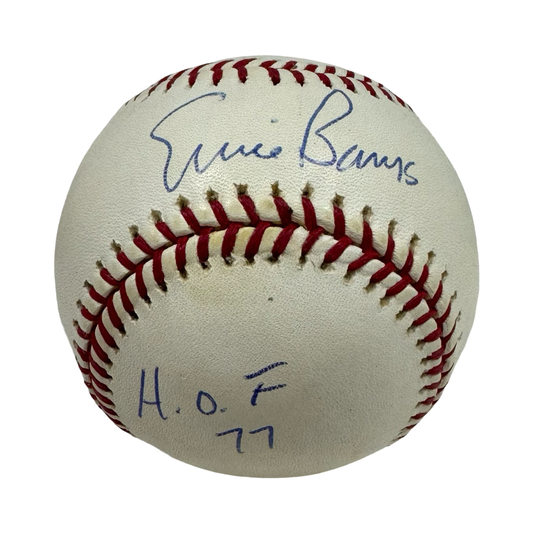 Ernie Banks Autographed Chicago Cubs Official National League Baseball HOF 77 Inscription JSA