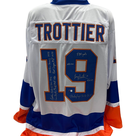Bryan Trottier Autographed New York Islanders White Jersey "HOF 97, Stanley Cups 80 81 82 83, 524 Goals, NHL 100, Calder Rookie of the Year 1976, Conn Smythe Playoff MVP 1980, Art Ross Scoring 1979, Hart League MVP 1979" Inscription Steiner CX