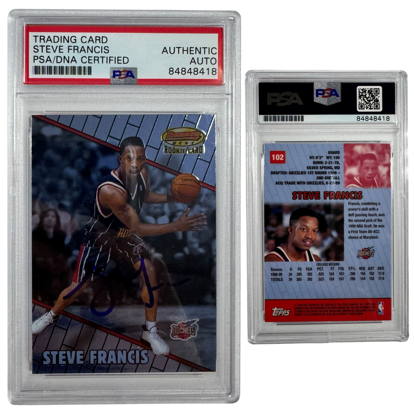 1999-00 Steve Francis Autographed Bowman’s Best Rookie Card #102 PSA Auto Authentic