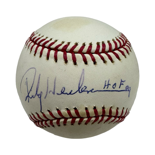 Rickey Henderson Autographed Official American League Baseball HOF 09 Inscription JSA