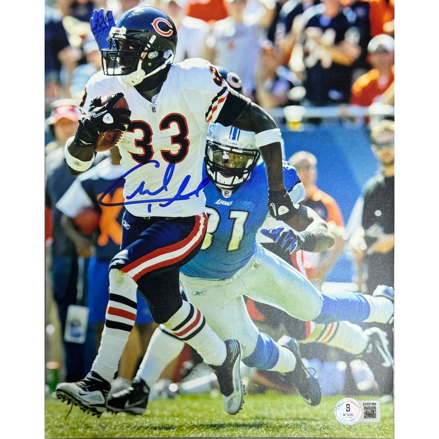Charles Tillman Autographed Chicago Bears White Jersey Running Lions 8x10 Beckett BAS