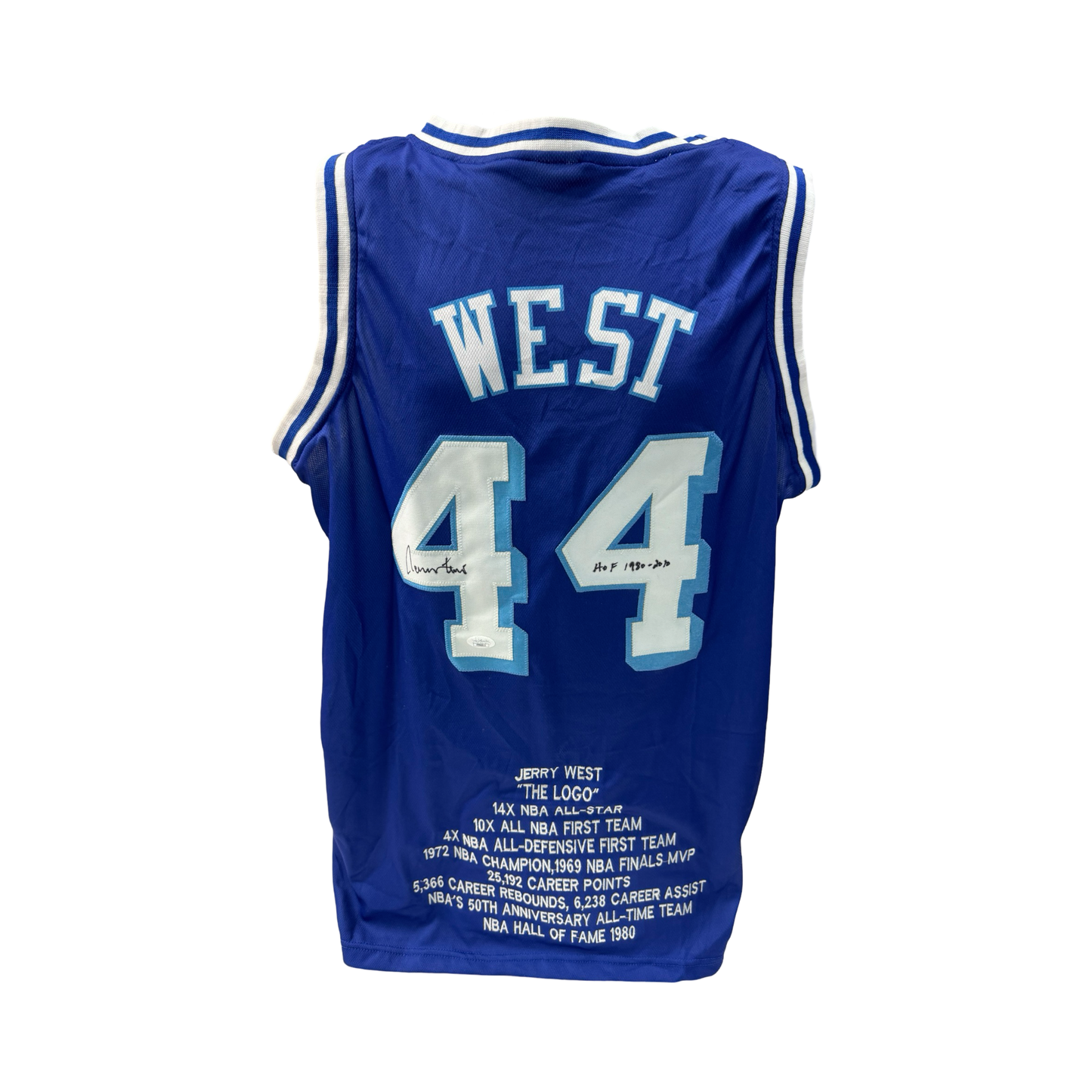 Jerry West Autographed Los Angeles Lakers Blue Stat Jersey “HOF 1980-2010” Inscription JSA