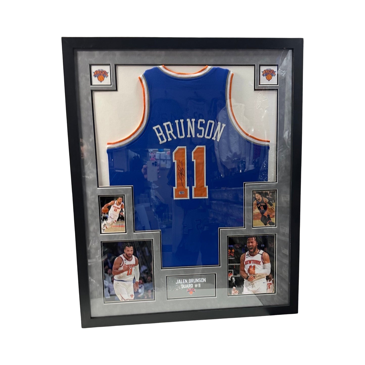 Jalen Brunson Autographed New York Knicks Framed Blue Jersey Grey Mat Steiner CX
