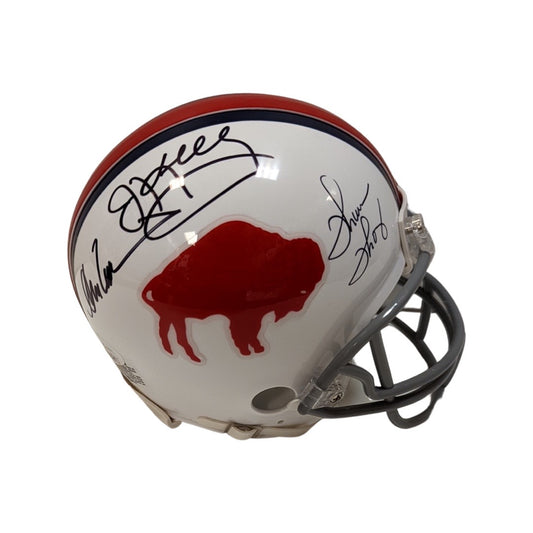 Jim Kelly, Thurman Thomas & Andre Reed Autographed Buffalo Bills Old School Standing Buffalo Mini Helmet JSA