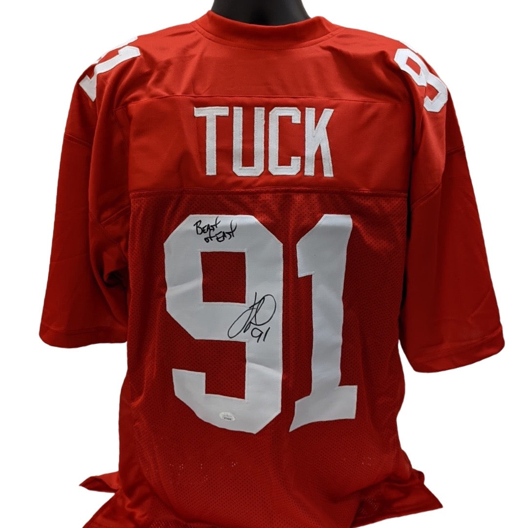 Justin Tuck Autographed New York Giants Red Jersey “Beast of East” Inscription JSA