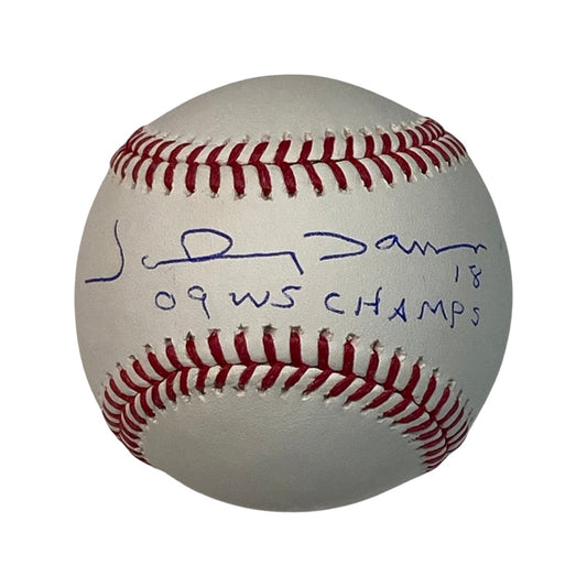 Johnny Damon Autographed New York Yankees OMLB 09 WS Champs Inscription Steiner CX