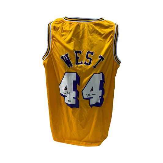 Jerry West Autographed Los Angeles Lakers Yellow Jersey “The Logo” Inscription Steiner CX