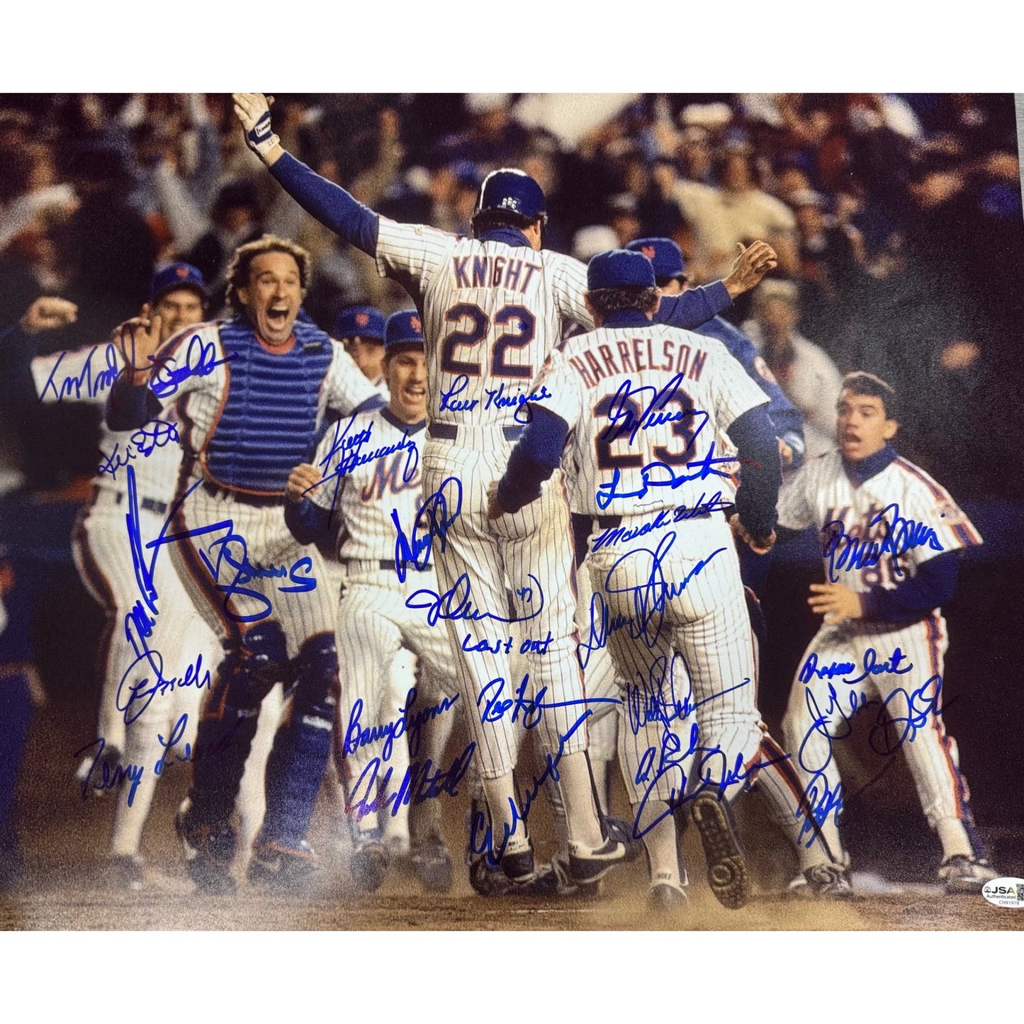 1986 New York Mets Team Autographed Ray Knight Jump Blue Ink 16x20 Horizontal JSA