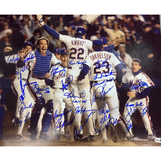 1986 New York Mets Team Autographed Ray Knight Jump Blue Ink 16x20 Horizontal JSA