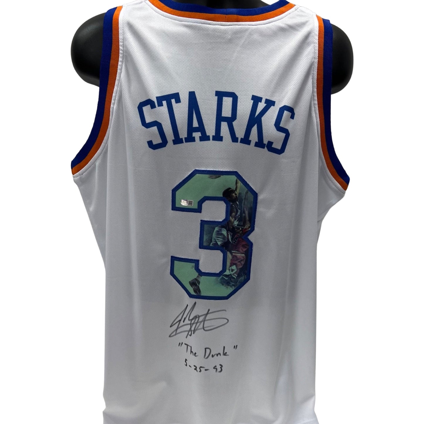 John Starks Autographed New York Knicks The Dunk White Jersey The Dunk 5-25-93 Inscription Steiner CX