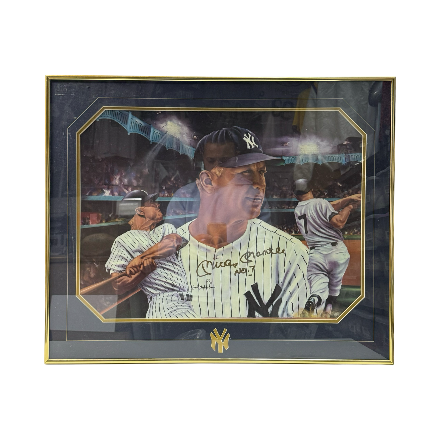 Mickey Mantle Autographed New York Yankees Framed 17x22 Robert Simon Artwork No 7 Inscription JSA
