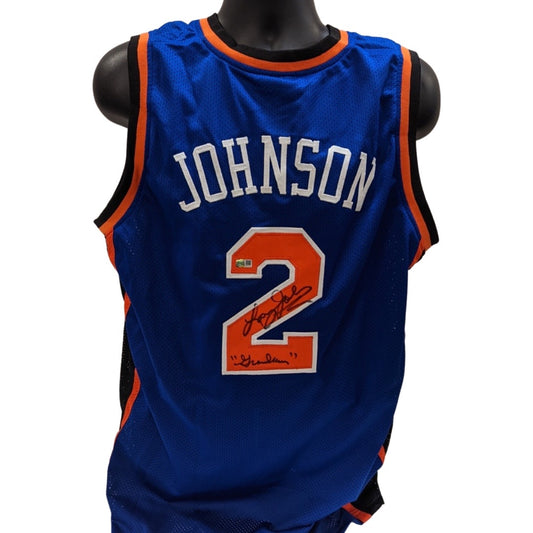 Larry Johnson Autographed New York Knicks Blue Jersey “Grandmama” Inscription Steiner CX