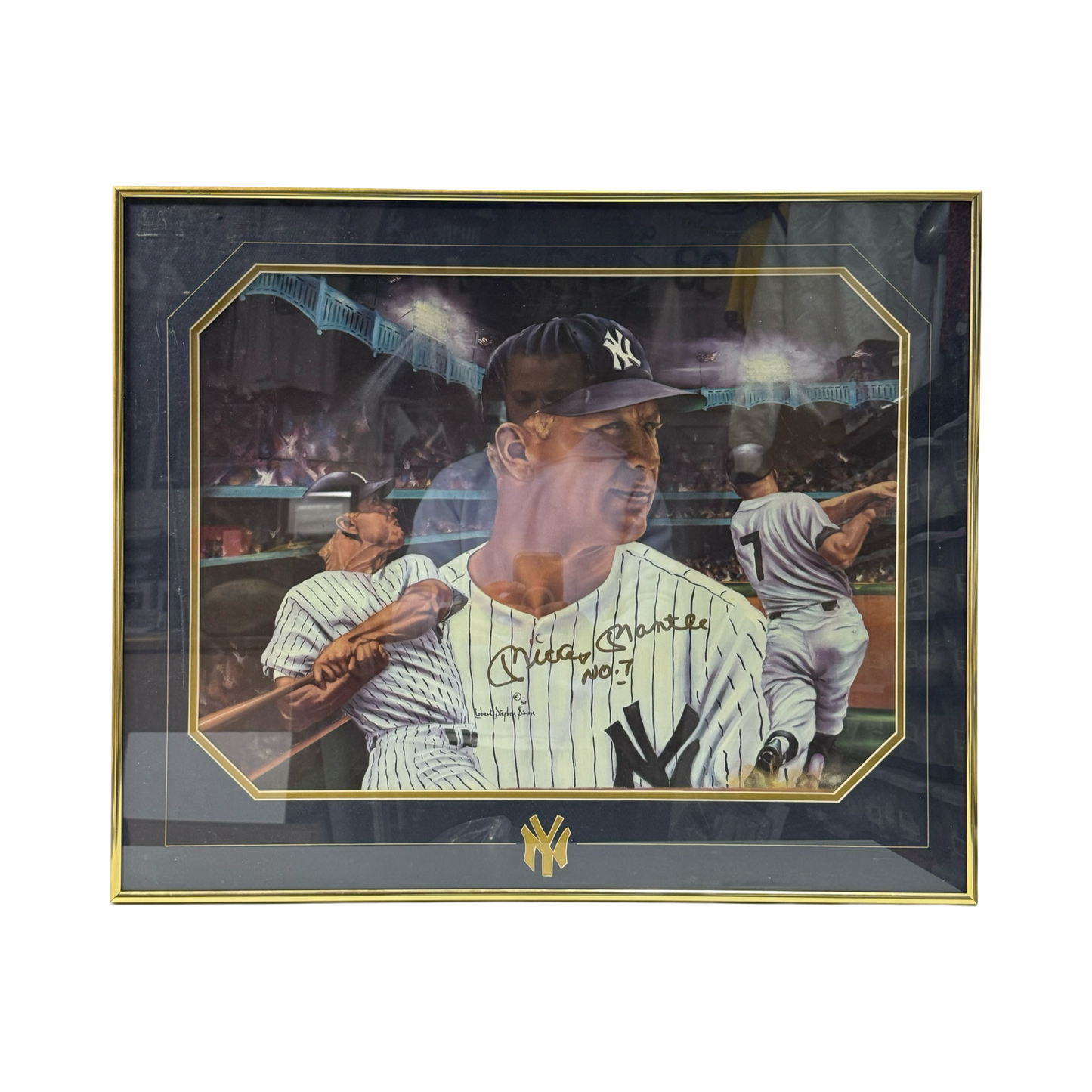 Mickey Mantle Autographed New York Yankees Framed 17x22 Robert Simon Artwork “No 7” Inscription JSA