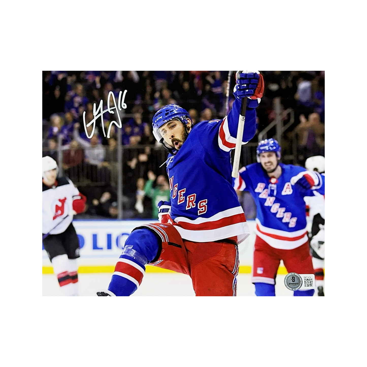 Vincent Trocheck Autographed New York Rangers Blue Jersey Fist Pump 8x10 Beckett