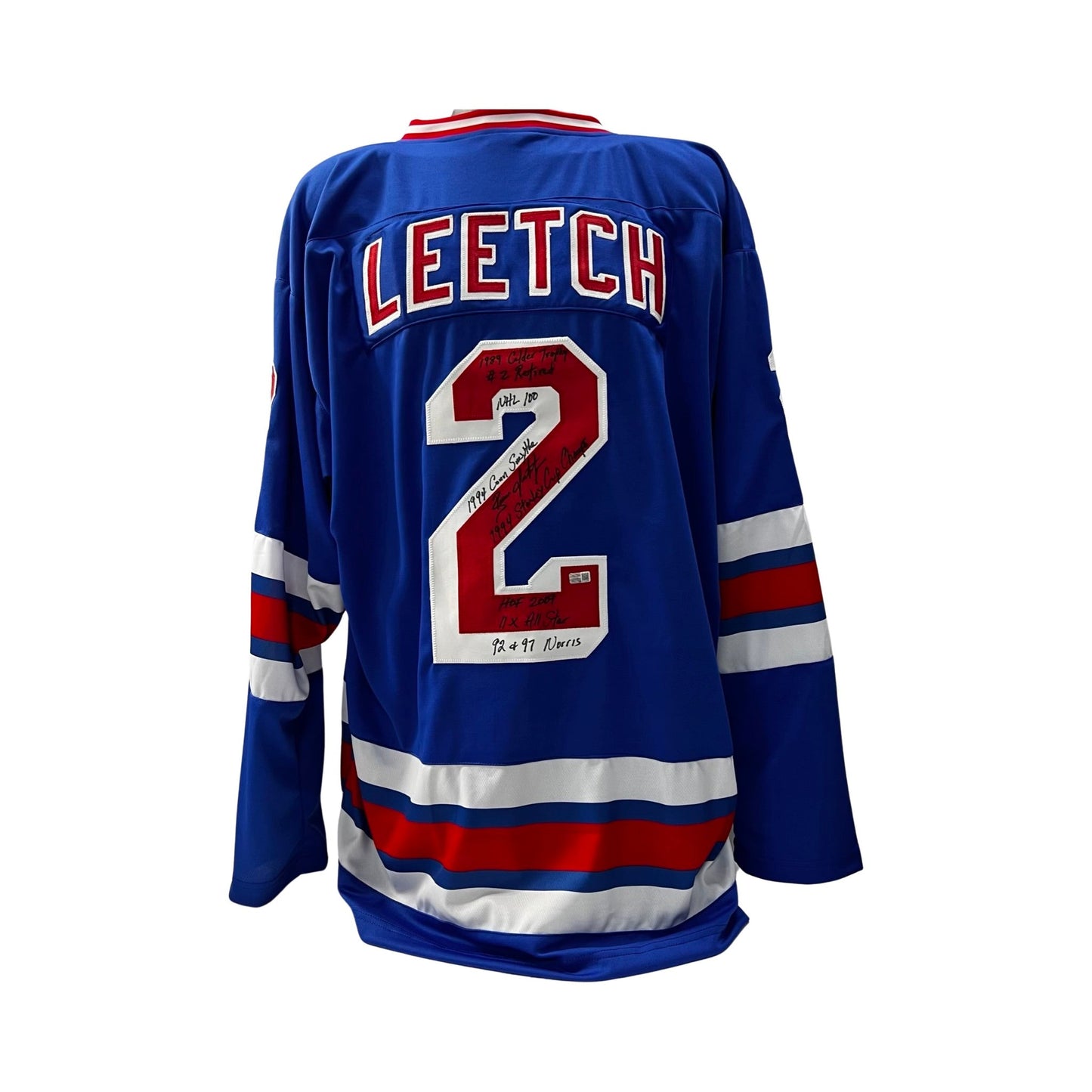 Brian Leetch Autographed New York Rangers Blue Jersey 1989 Calder Trophy, #2 Retired, NHL 100, 1994 Conn Smythe, 1994 Stanley Cup Champs, HOF 2009, 11x All Star, 92 & 97 Norris Inscriptions Steiner CX