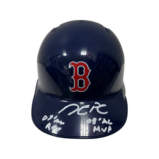 Dustin Pedroia Autographed Boston Red Sox Mini Helmet 07 AL ROY, 08 AL MVP Inscriptions Steiner CX