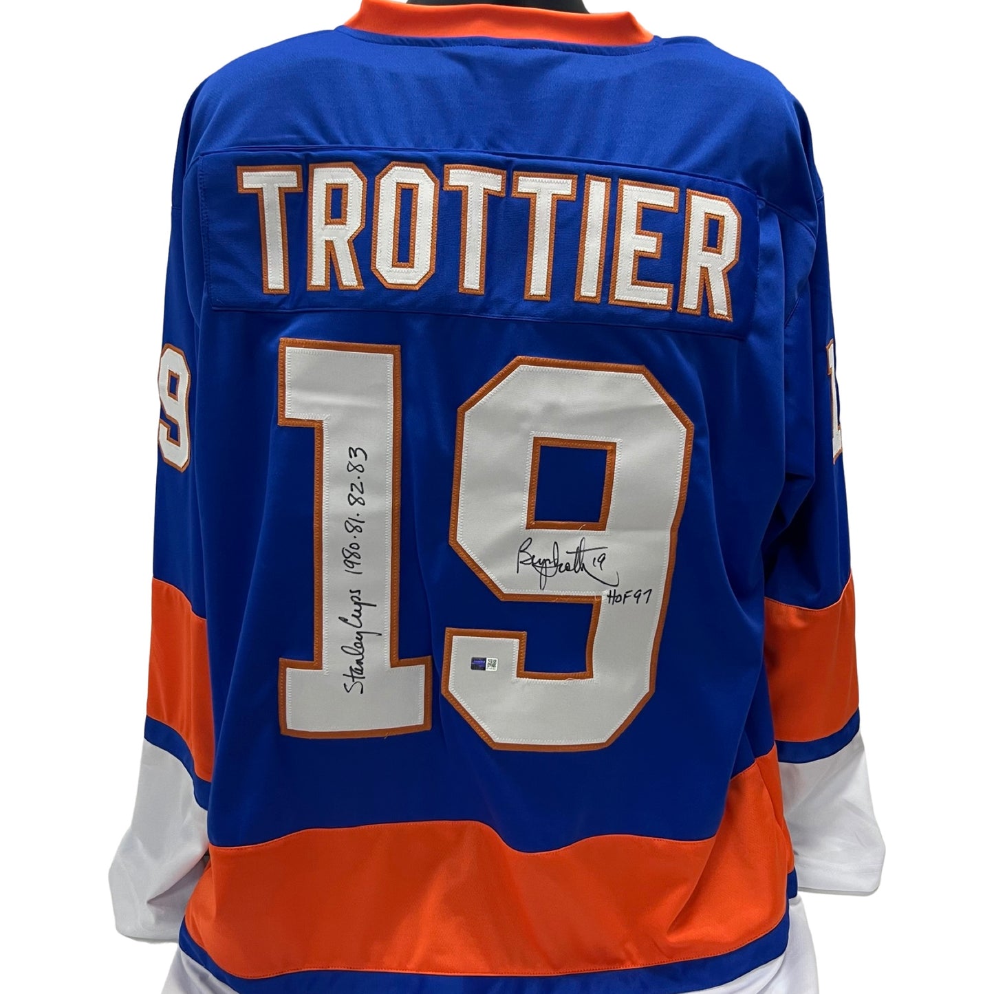 Bryan Trottier Autographed New York Islanders Blue Jersey "Stanley Cup 1980, 81, 82, 83" Inscriptions Steiner CX