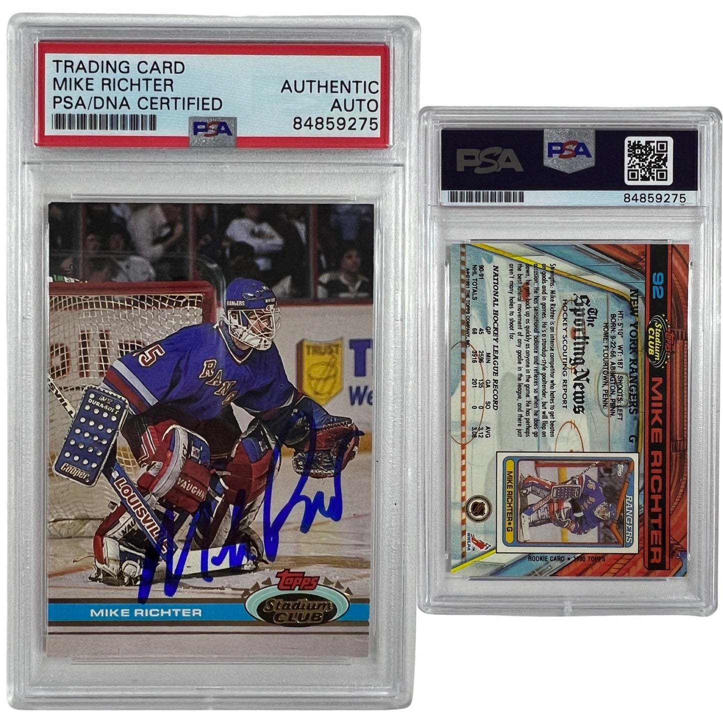 1991-92 Mike Richter Topps Stadium Club #92 Autographed PSA Auto Authentic