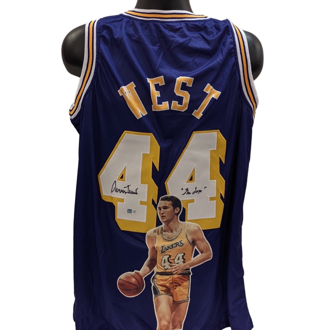 Jerry West Autographed Los Angeles Lakers Purple Art Jersey The Logo Inscription Beckett