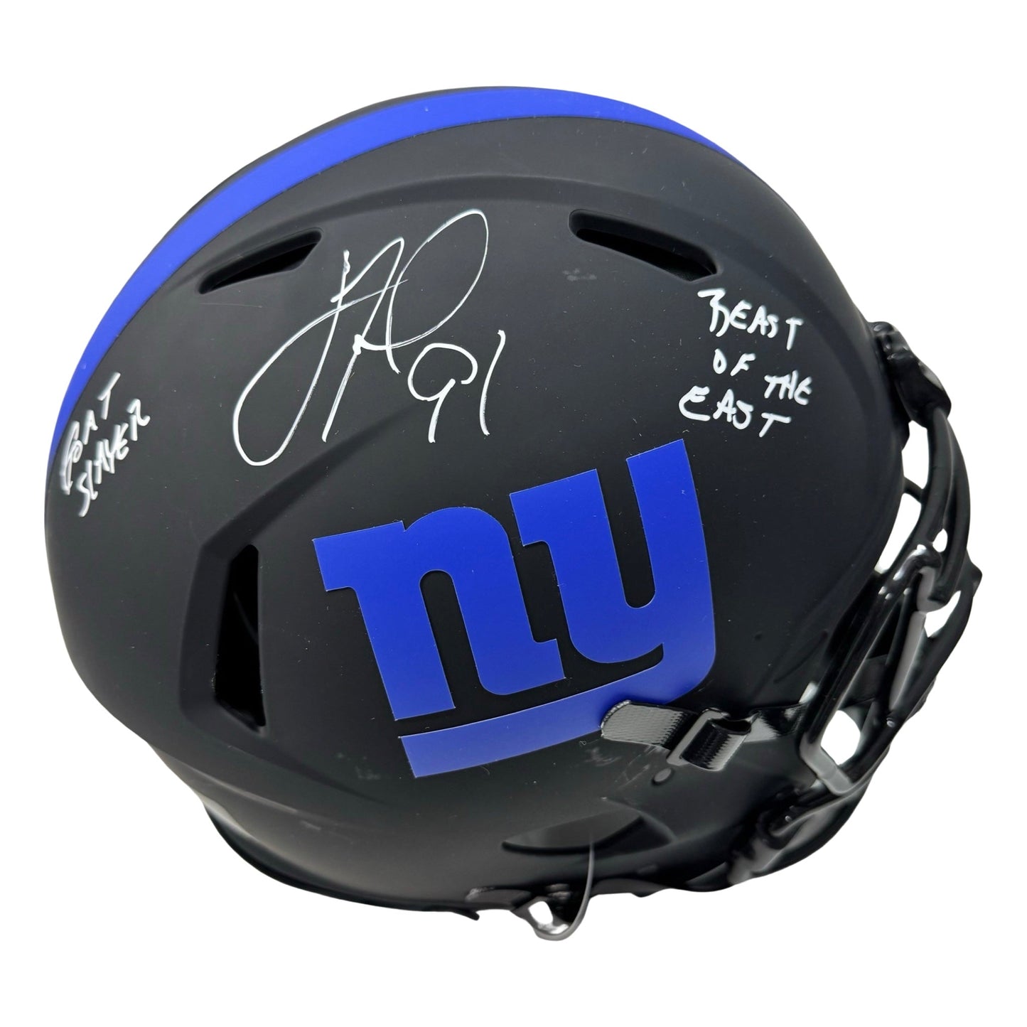 Justin Tuck Autographed New York Giants Eclipse Authentic Helmet Goat Slayer, Beast of the East Inscriptions PSA